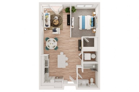 a stylized floor plan with a bedroom and living room